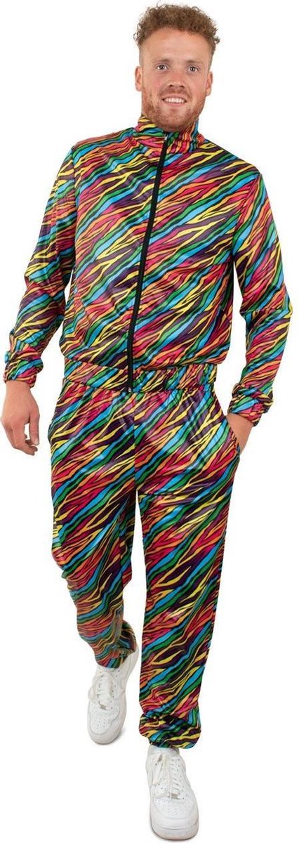 Jaren 80 & 90 Kostuum | Jaren 80 Trainingspak Kleurige Zebra Strepen Heren | Man | Extra Small | Carnaval kostuum | Verkleedkleding